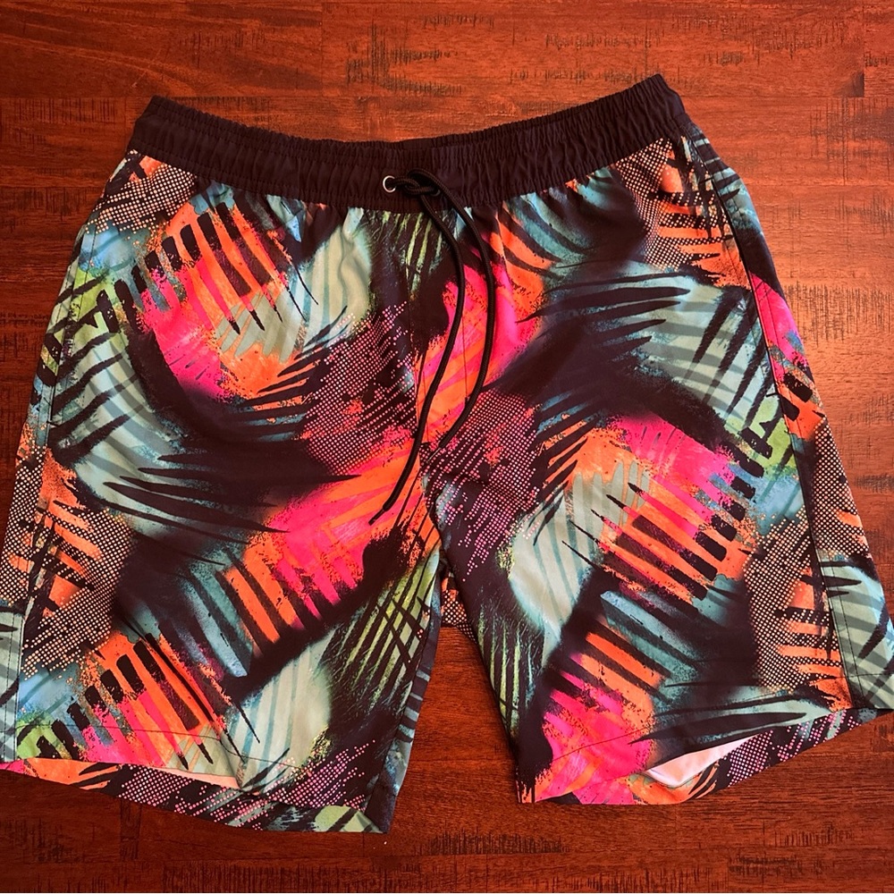 Hot Coals Mens Bright Neon Black Print Swimsuit Trunks Shorts Tie Waist Sz Large